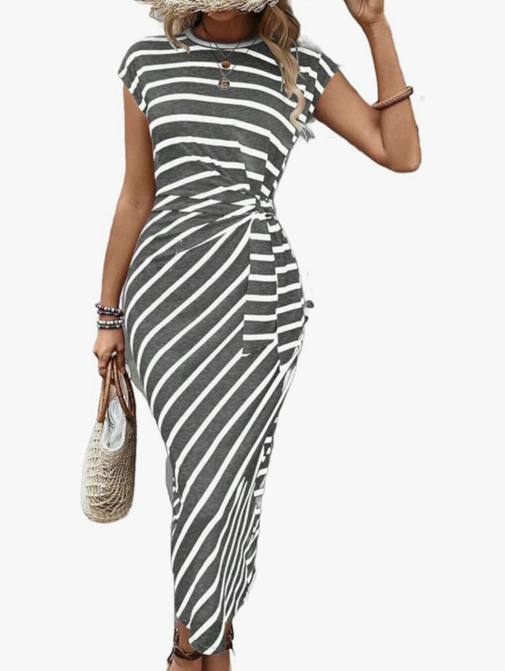 New Twist & Tie Front Grey & White Striped Midi Dress Size M Women's Flattering